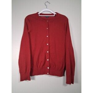 Lands' End Cardigan Sweater Pima Cotton Stretch Burgundy Red Womens Large 14 16